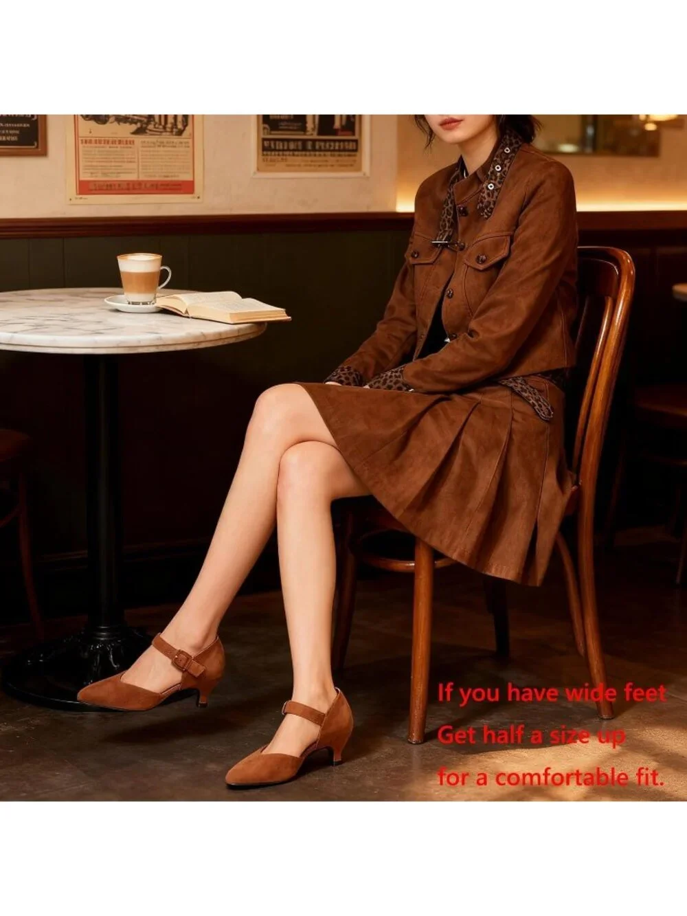 Womens Caramel Brown Kitten Heel Pointed Closed Ankle Strap Buckle Slip On Shoes